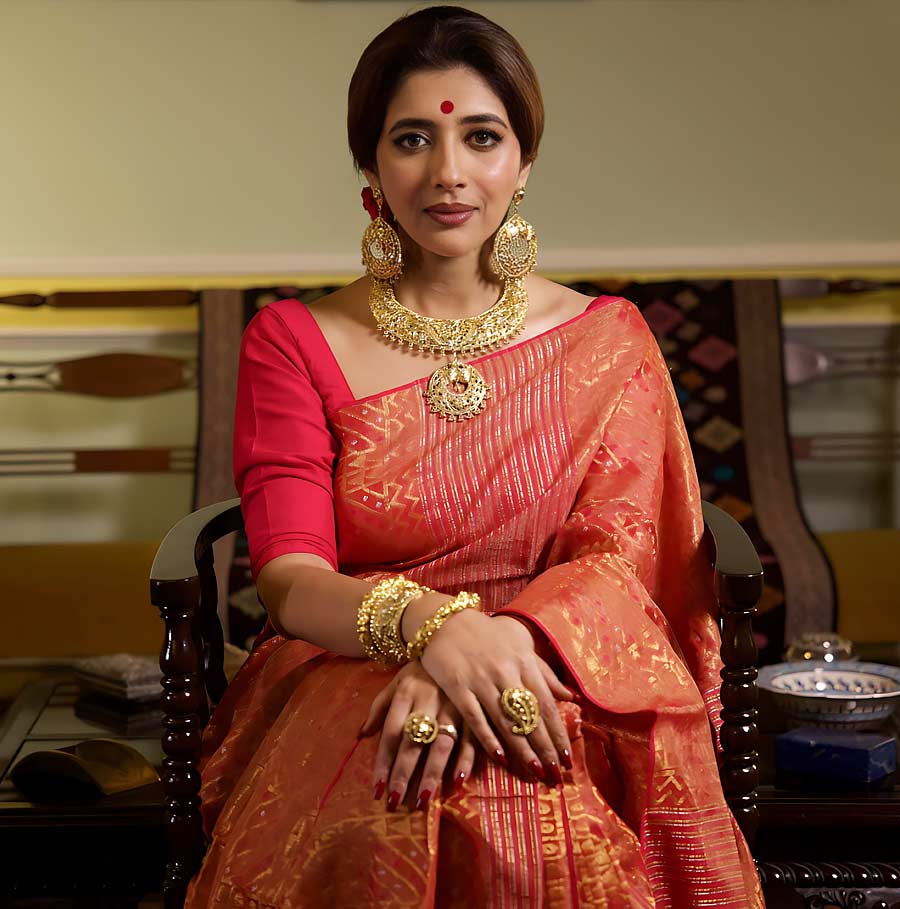 Sreenanda Shankar decked up for Durga Puja in clothes from CIMA gallery’s Art in Life exhibition