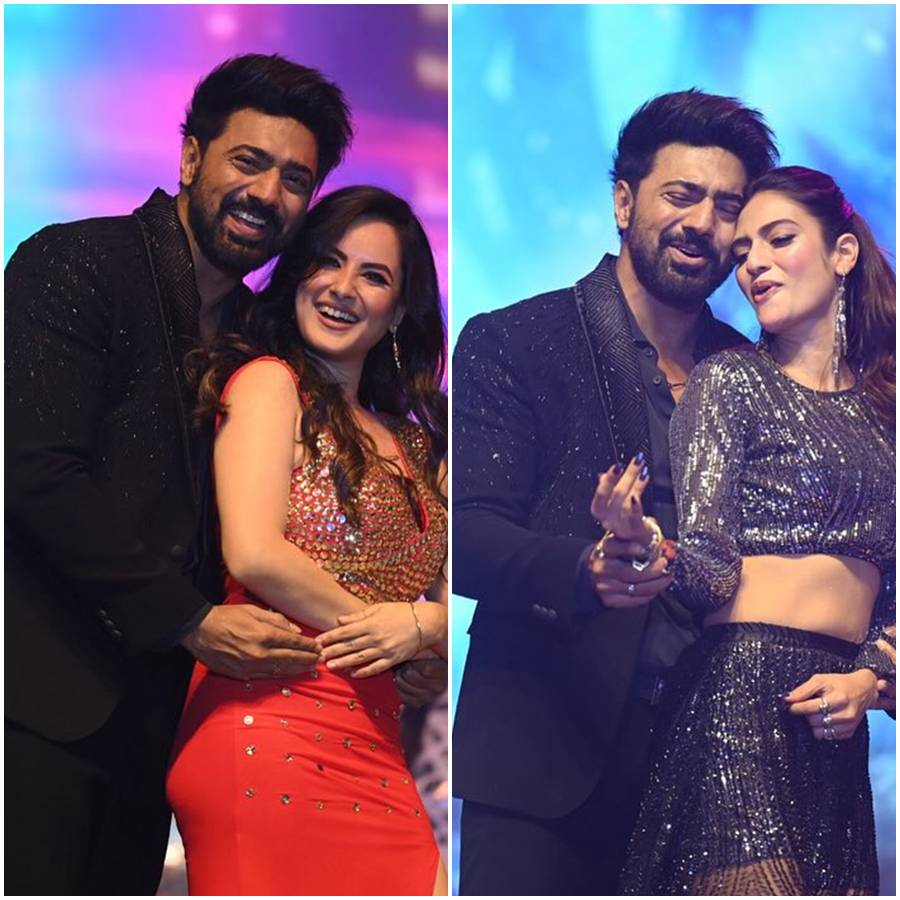 তাঁর দুই নায়িকা পূজা বন্দ্যোপাধ্যায়, নুসরত জাহানের সঙ্গে দেব।