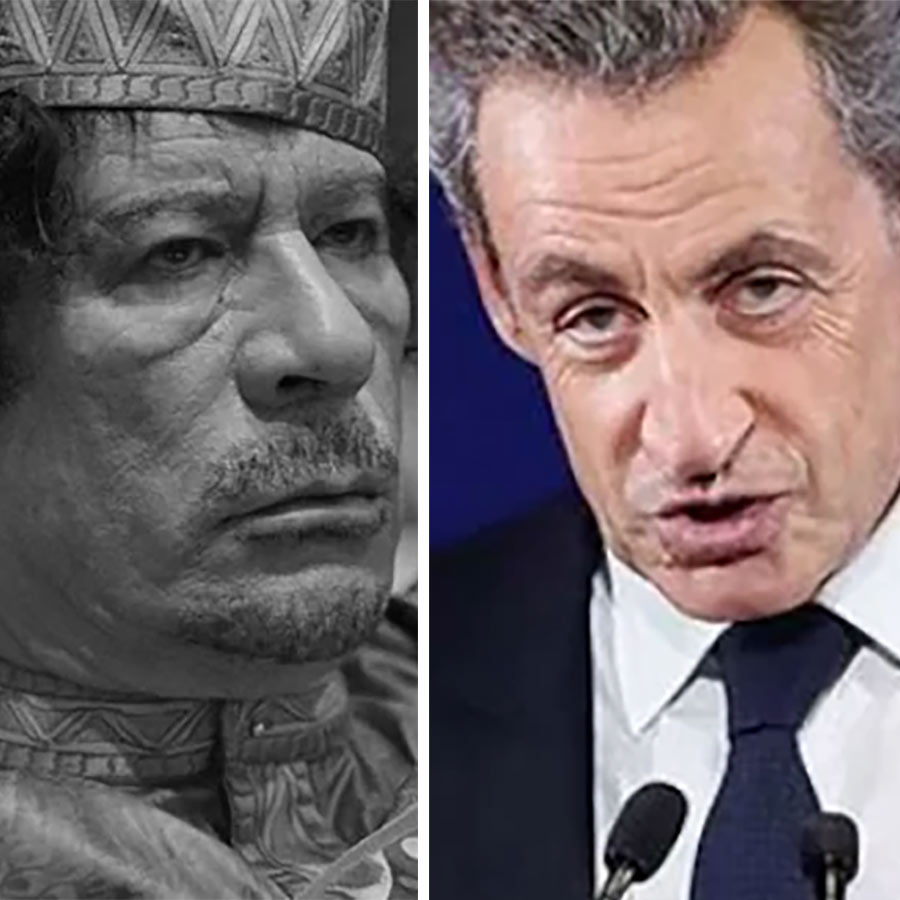 (বাঁ দিকে) মুয়াম্মর গদ্দাফি এবং নিকোলাস সারকোজি (ডান দিকে)।