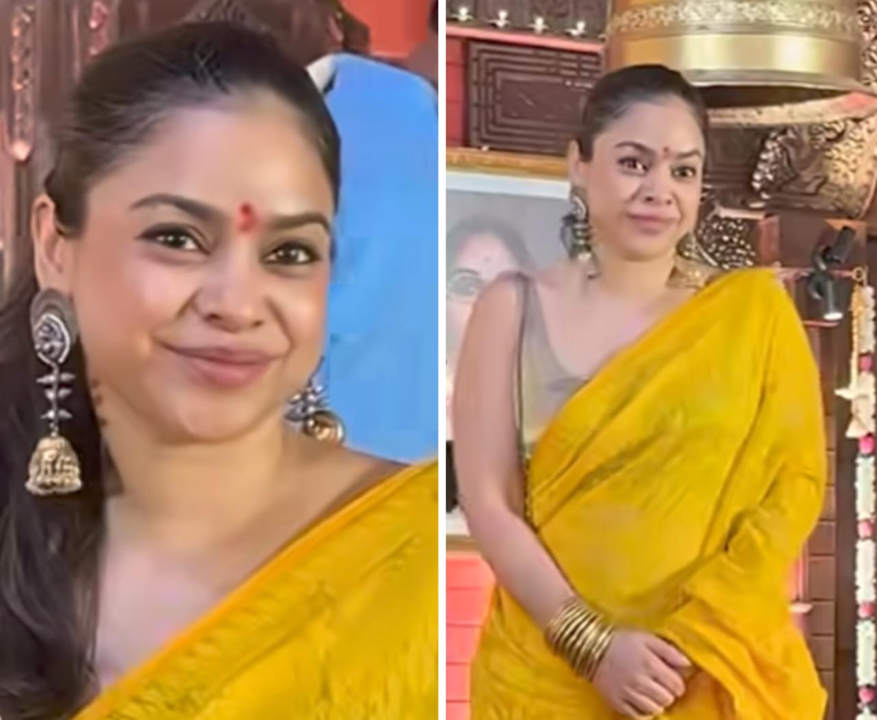 ৭। পুজোয় উপস্থিত ছিলেন বঙ্গতনয়া সুমনা চক্রবর্তীও। পরনে সোনালি ঝলমলে ব্লাউজ় ও গায়ে জড়ানো হলুদ শাড়ি। 