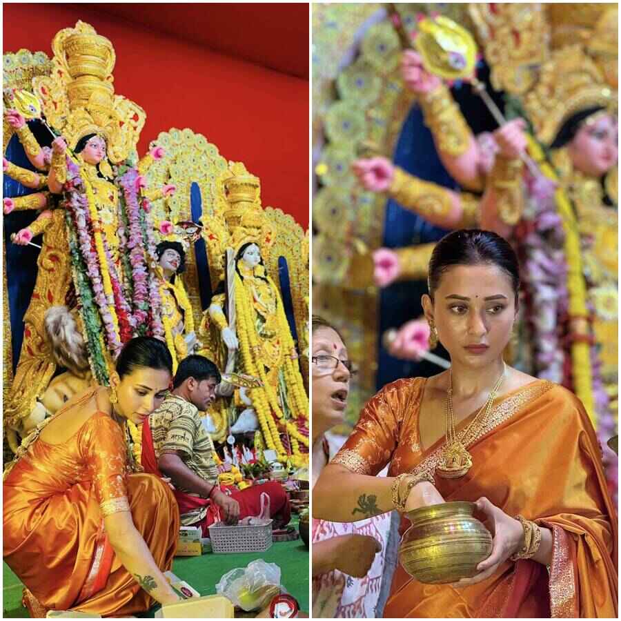 আবাসনের পুজোর কাজে ব্যস্ত মিমি চক্রবর্তী।