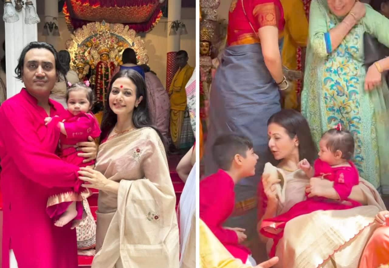 ৫। পুজোর বয়স ১০১ বছর। তবে ছোট্ট কাব্য এই প্রথম দেখছে মল্লিক বাড়ির পুজো। মা কোয়েল মল্লিকের কোলে চেপেই অঞ্জলিতে মাতল এমনকী চেষ্টা করল শাঁখ বাজানোরও। অভিনেত্রীর পরনে ছিল ঘিয়ে রঙা শাড়ি।  