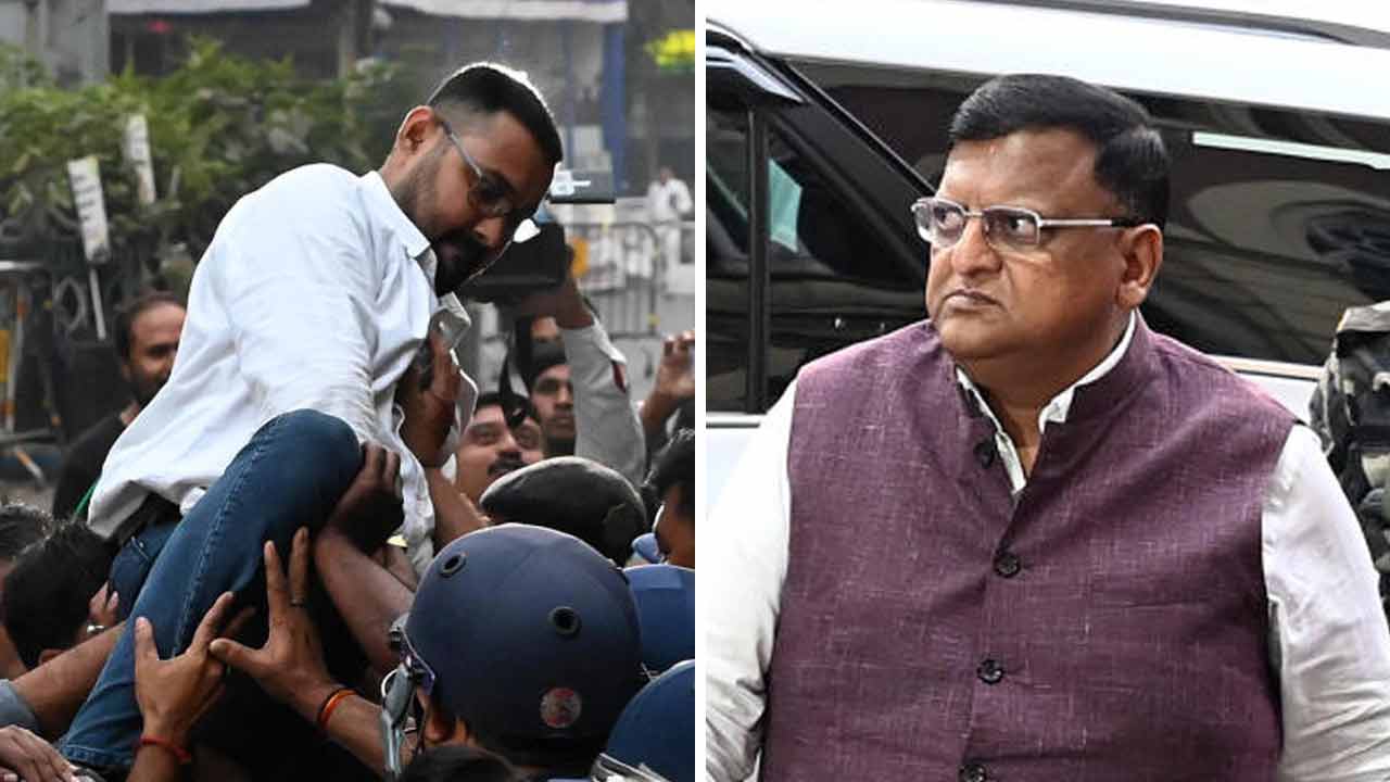 (বাঁ দিকে) সিইও দফতরের সামনে বিক্ষোভ। রাজ্যের মুখ্য নির্বাচনী আধিকারিক (সিইও) মনোজ আগরওয়াল (ডান দিকে)।