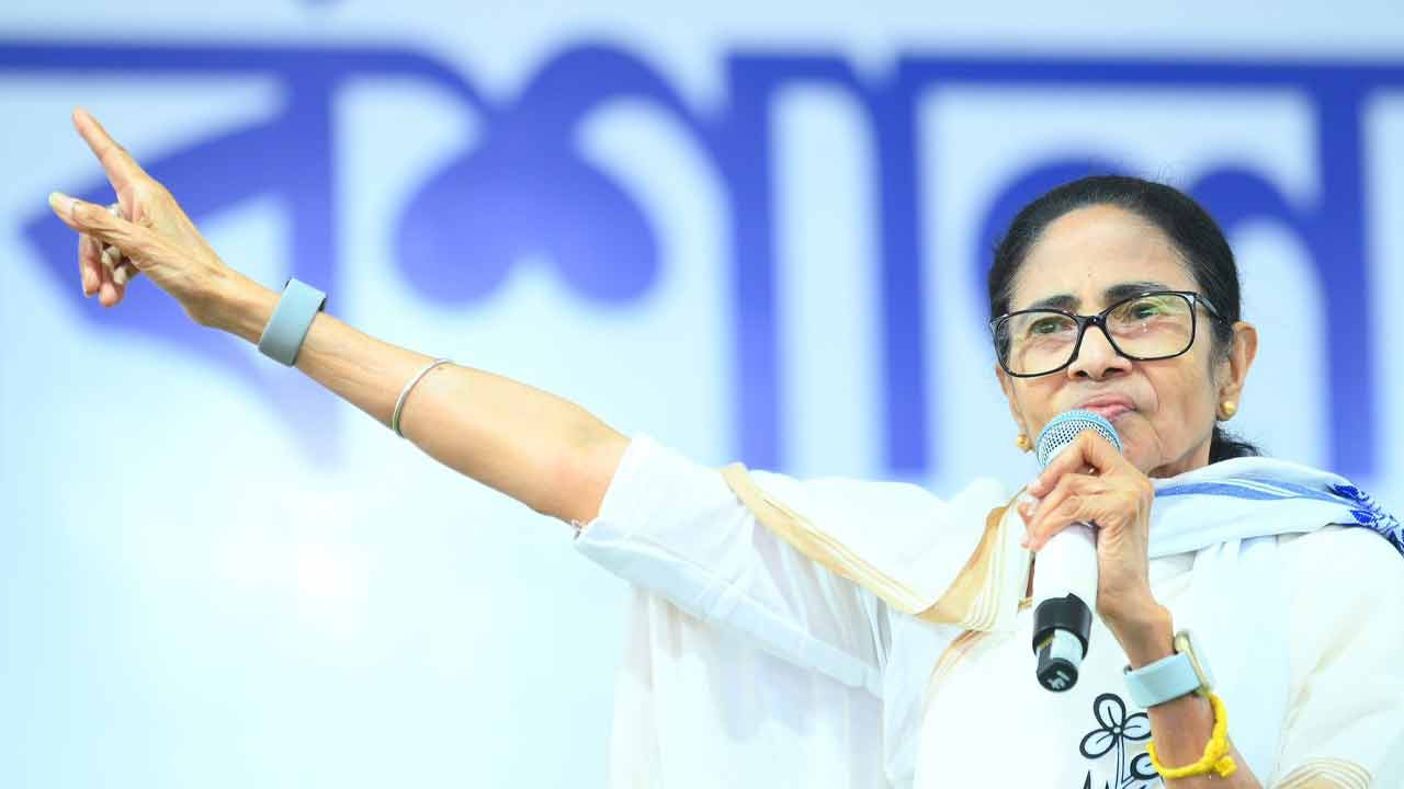 মমতা বন্দ্যোপাধ্যায়। মুর্শিদাবাদের নবগ্রামের জনসভায়।