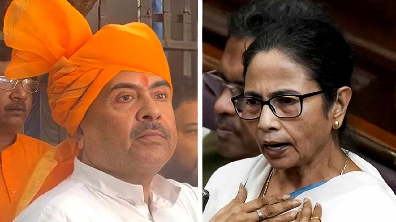 (বাঁ দিকে) শুভেন্দু অধিকারী এবং মমতা বন্দ্যোপাধ্যায় (ডান দিকে)।