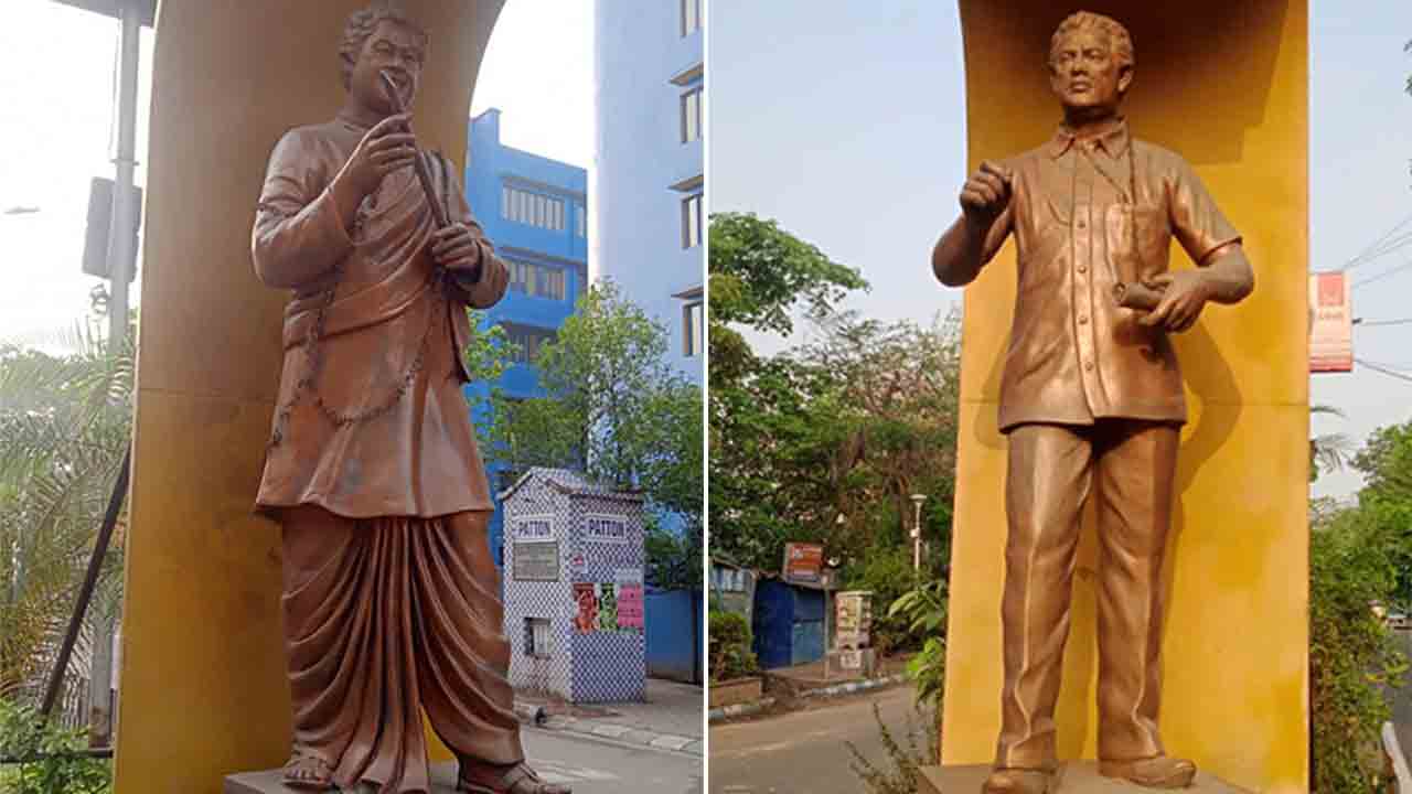 মূর্তিরূপেণ: কিশোরকুমার ও সত্যজিৎ রায়ের (বাঁ দিকে) মূর্তি।