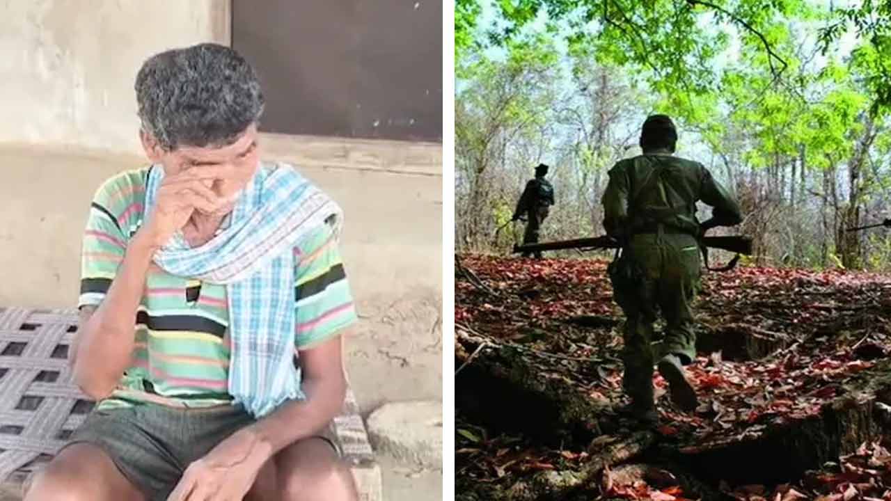 বাড়ির দাওয়ায় বসে মাওবাদী সদস্য নন্দুর বাবা। ছবি: সংগৃহীত।