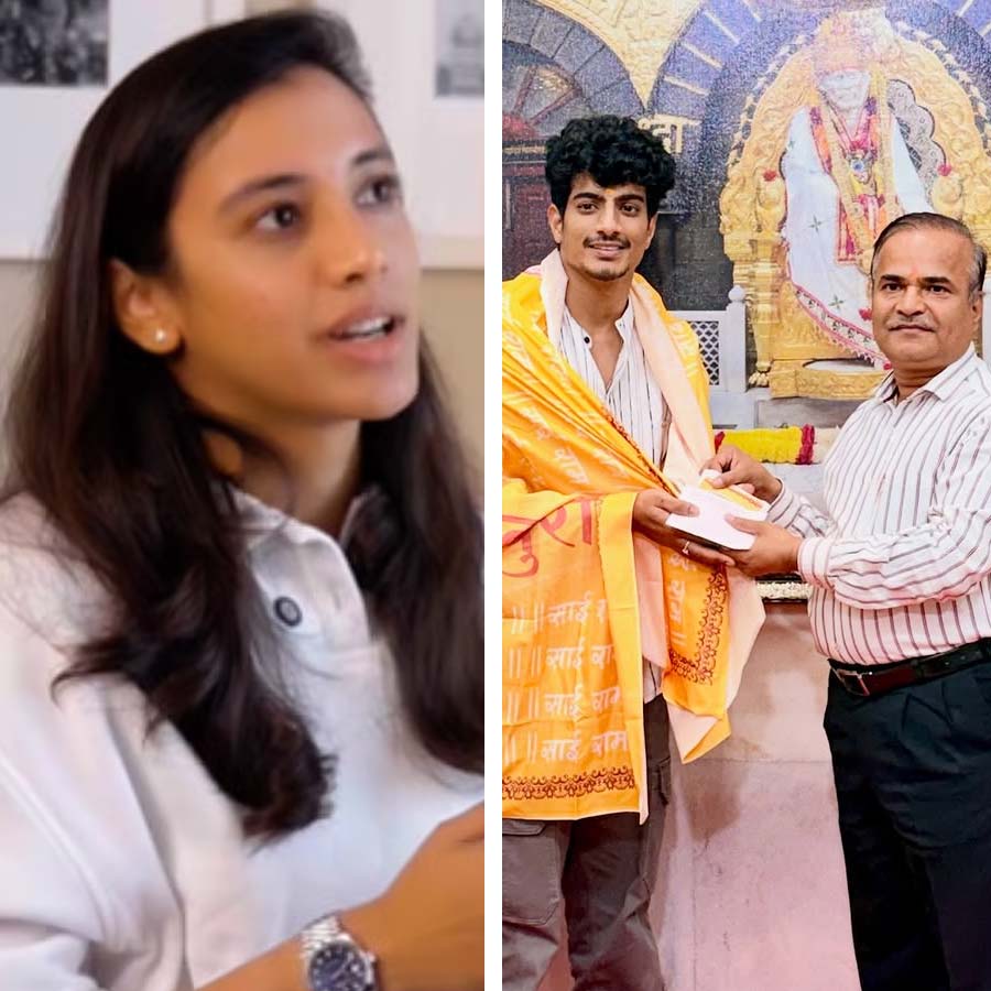 (বাঁ দিকে) স্মৃতি মন্ধানা (ডান দিকে) পলাশ মুুচ্ছল।