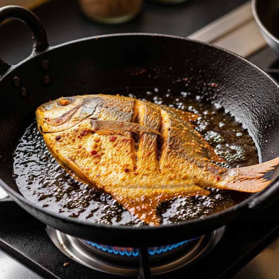 মাছ ভাজতে গিয়েই যত বিপত্তি।