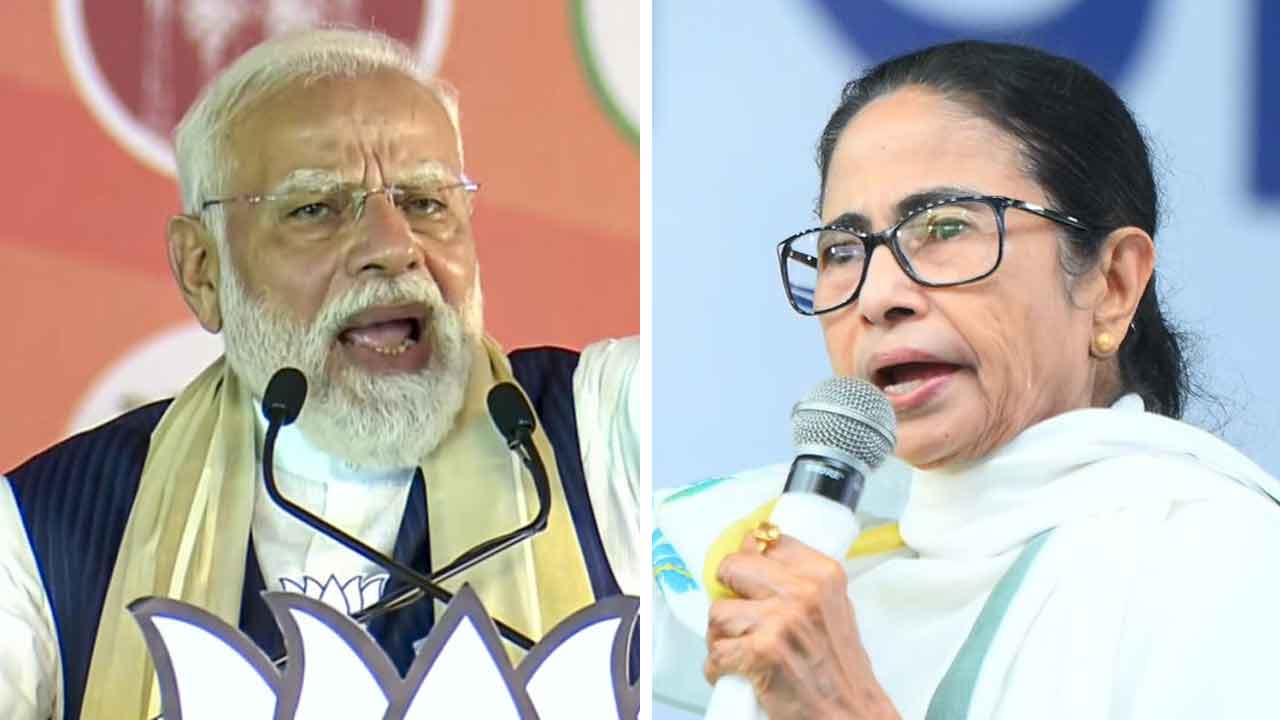 (বাঁ দিকে) প্রধানমন্ত্রী নরেন্দ্র মোদী এবং পশ্চিমবঙ্গের মুখ্যমন্ত্রী মমতা বন্দ্যোপাধ্যায় (ডান দিকে)।