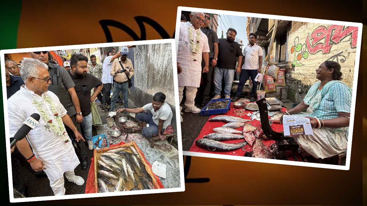 বিজেপির প্রাক্তন সভাপতি দিলীপ ঘোষ প্রচারের ফাঁকে খড়্গপুর সদর বিধানসভা কেন্দ্রে একটি মাছবাজারে।