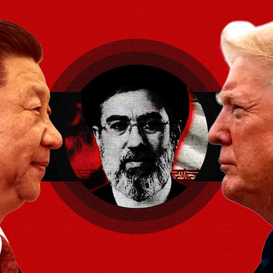 (বাঁ দিক থেকে) শি জিনপিং, মোজতবা খামেনেই এবং ডোনাল্ড ট্রাম্প।