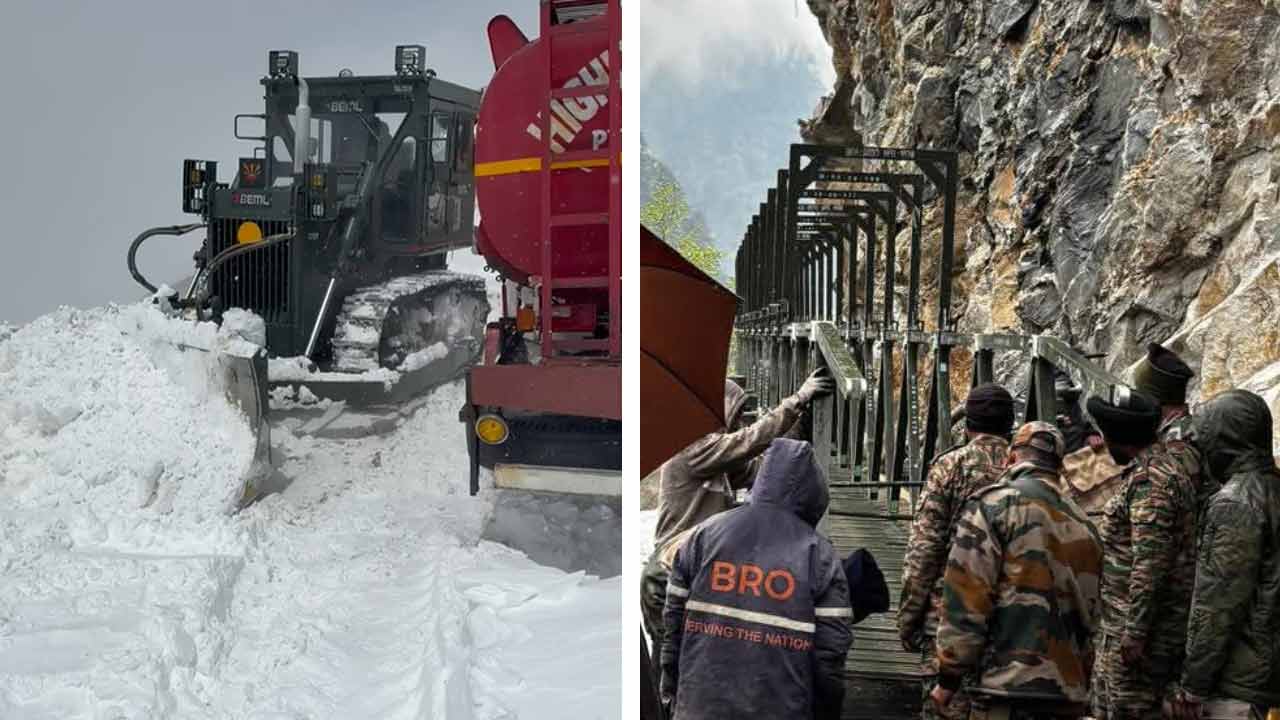 (বাঁ দিকে) বরফে ঢাকা উত্তর সিকিমে চলছে উদ্ধারকাজ। অস্থায়ী ফুটব্রিজ তৈরি করছে সেনা (ডান দিকে)।