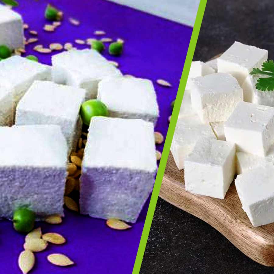 বাঁ দিকে তরমুজের বীজ (চারমগজ) দিয়ে তৈরি পনির, ডান দিকে দুগ্ধজাত পনির।