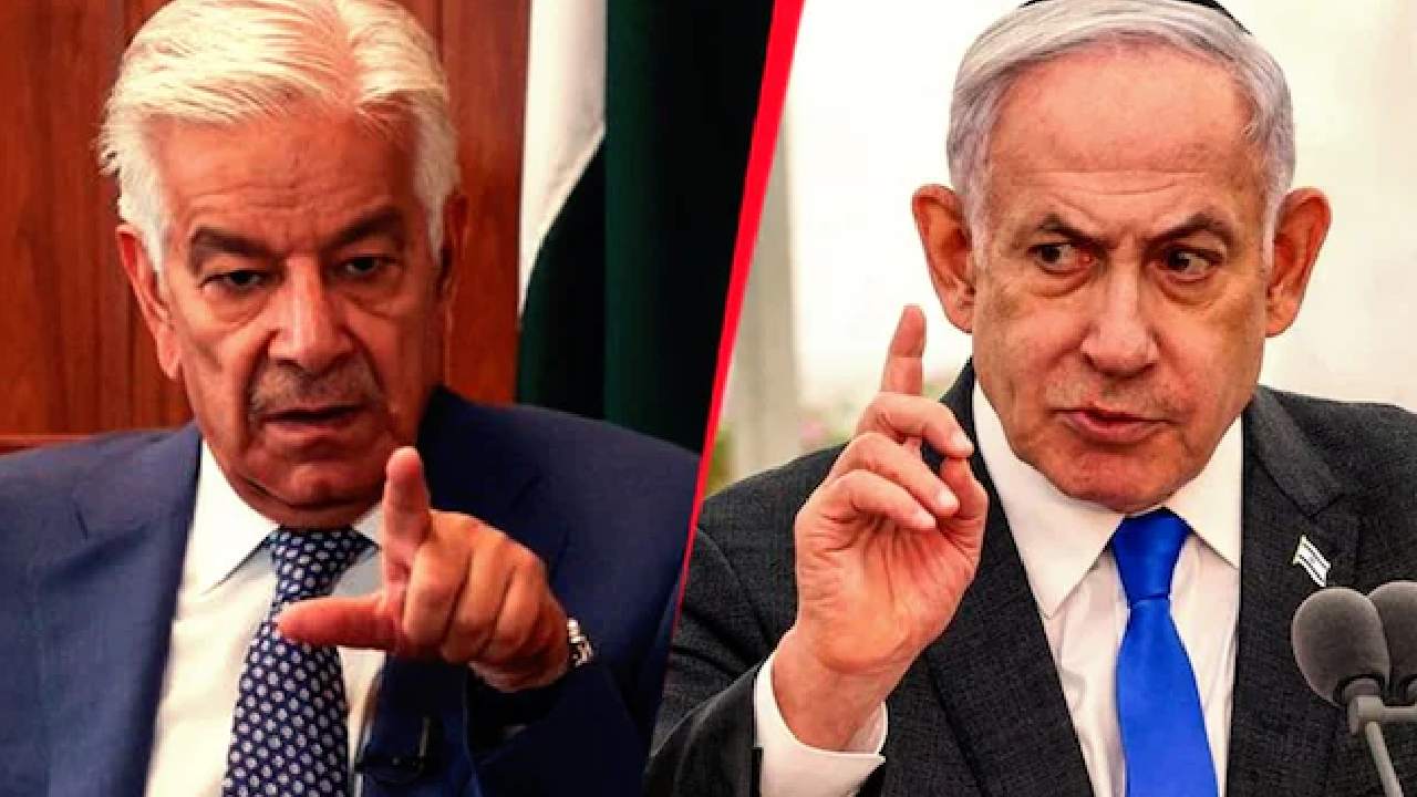 (বাঁ দিকে) পাকিস্তানের প্রতিরক্ষামন্ত্রী খোয়াজা আসিফ এবং ইজ়রায়েলের প্রধানমন্ত্রী বেঞ্জামিন নেতানিয়াহু (ডান দিকে)।