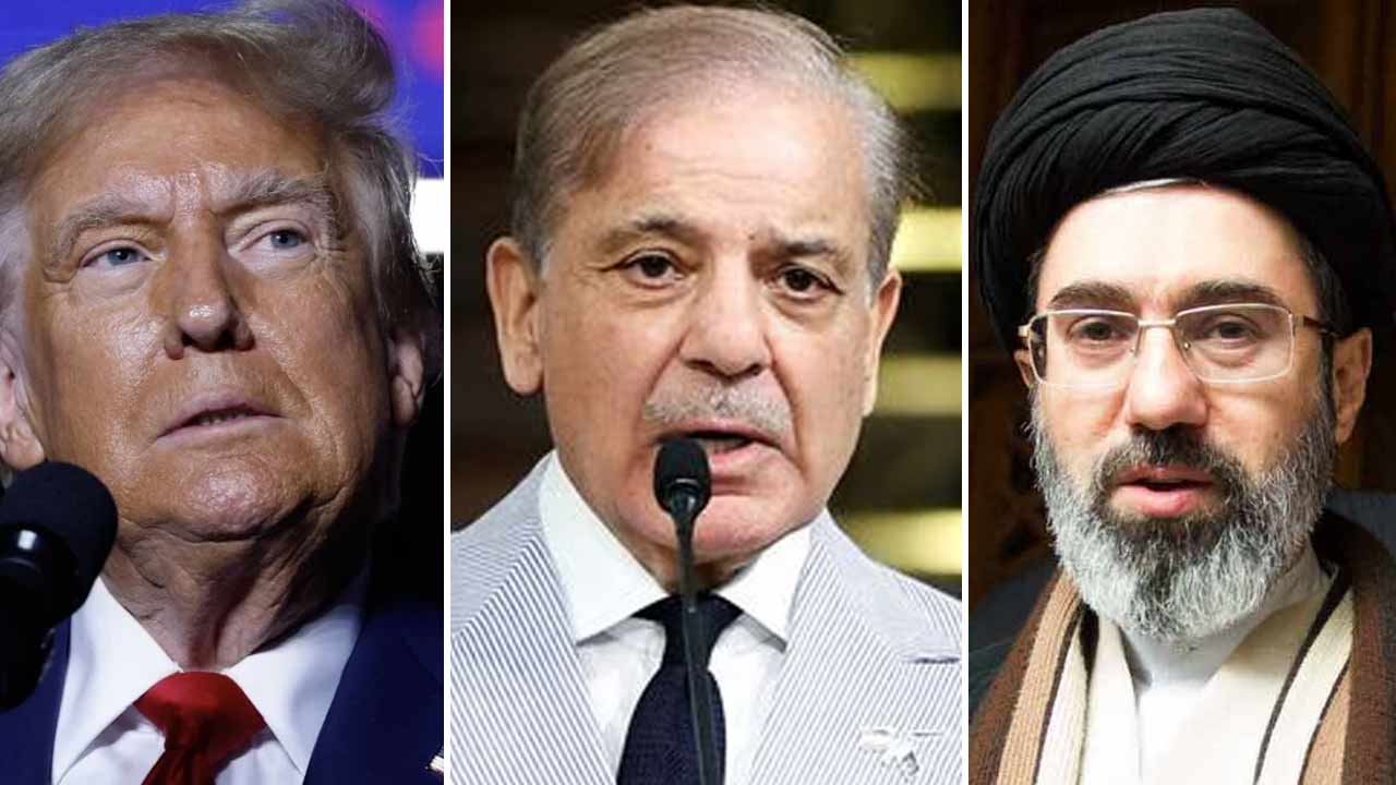 (বাঁ দিক থেকে) মার্কিন প্রেসিডেন্ট ডোনাল্ড ট্রাম্প, পাকিস্তানের প্রধানমন্ত্রী শাহবাজ় শরিফ এবং ইরানের সর্বোচ্চ নেতা মোজতবা খামেনেই।