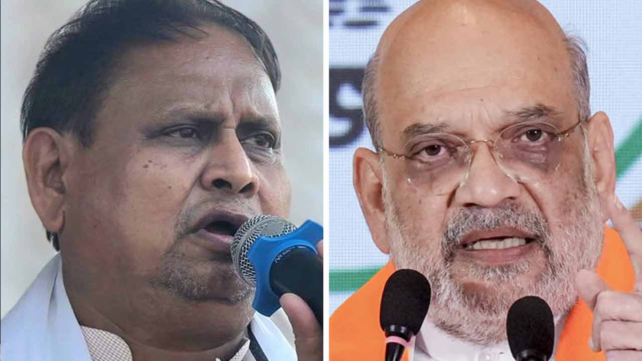 (বাঁ দিকে) হুমায়ুন কবীর এবং কেন্দ্রীয় স্বরাষ্ট্রমন্ত্রী অমিত শাহ (ডান দিকে)।