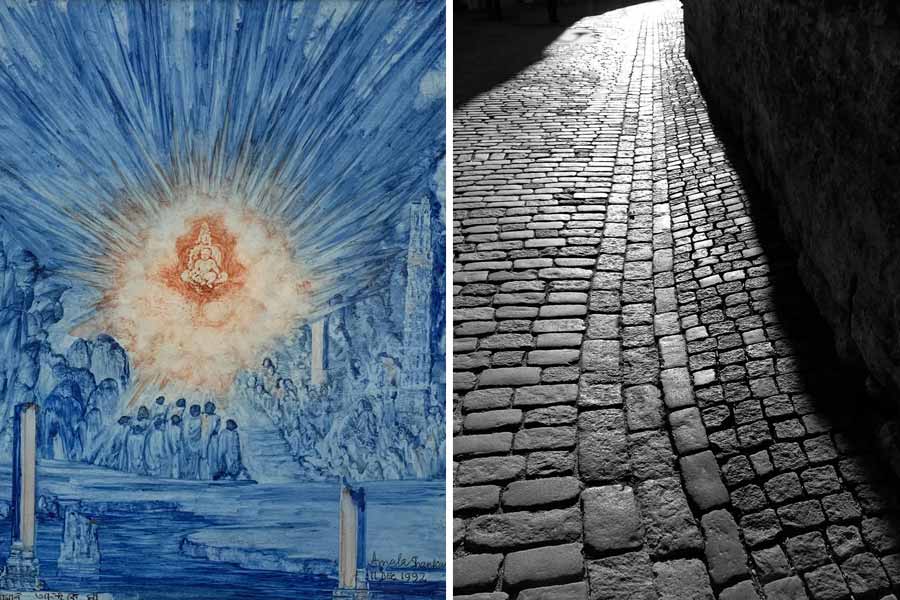 অমলা শঙ্করের আঁকা ছবি (বাঁ দিক) এবং অপর্ণা সেনের তোলা ছবি (ডান দিক)।