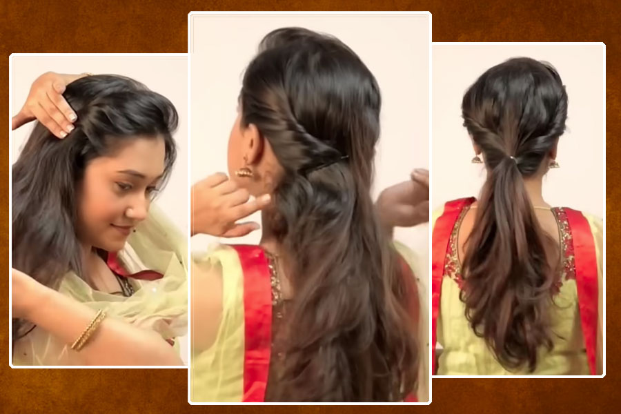 একপাশে সিঁথি করে, হাতের কায়দায় সহজে চুল বেঁধে নিন।