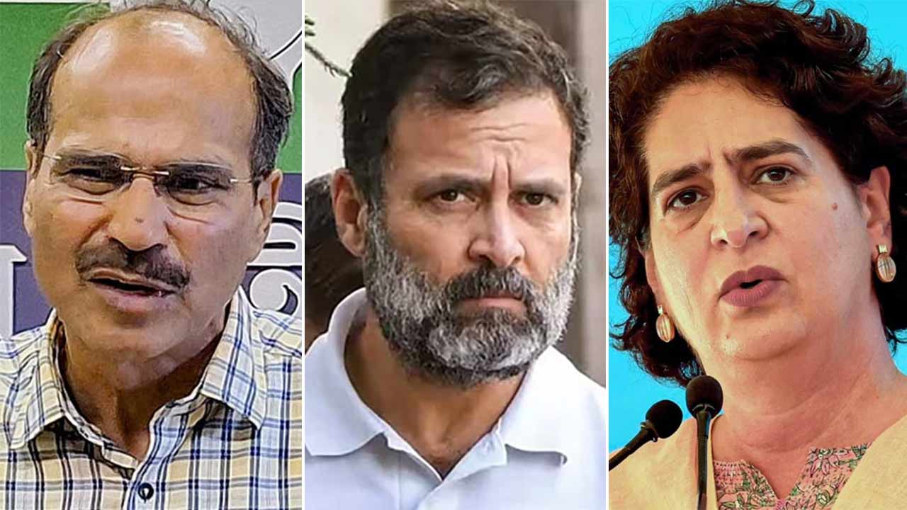 (বাঁ দিক থেকে) অধীররঞ্জন চৌধুরী, রাহুল গান্ধী এবং প্রিয়ঙ্কা গান্ধী।