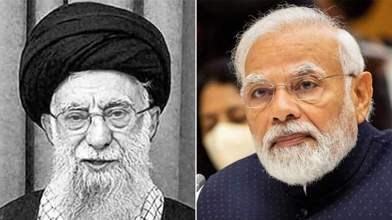 (বাঁ দিকে) আয়াতোল্লা আলি খামেনেই এবং নরেন্দ্র মোদী (ডান দিকে)।