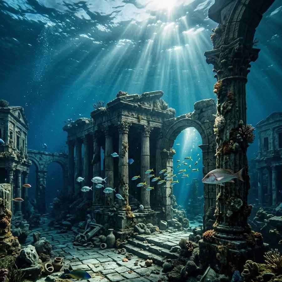 জলের নীচে তলিয়ে যাওয়া শহর।