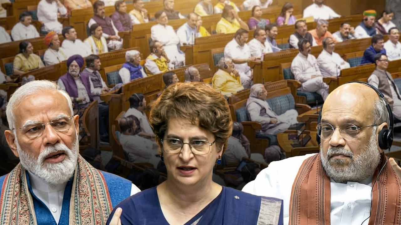 (বাঁদিক থেকে) নরেন্দ্র মোদী, প্রিয়ঙ্কা গান্ধী বঢরা, অমিত শাহ।