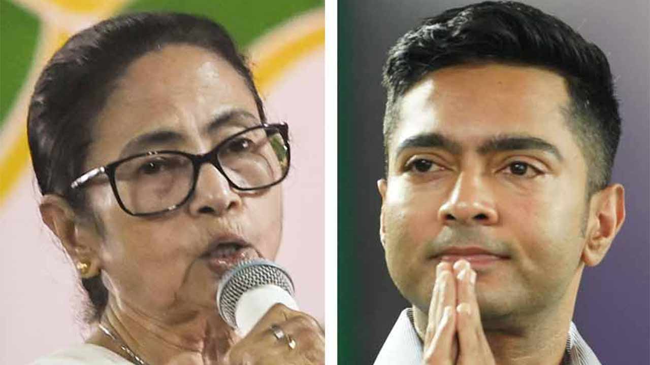 (বাঁ দিকে) মমতা বন্দ্যোপাধ্যায় এবং অভিষেক বন্দ্যোপাধ্যায় (ডান দিকে)।