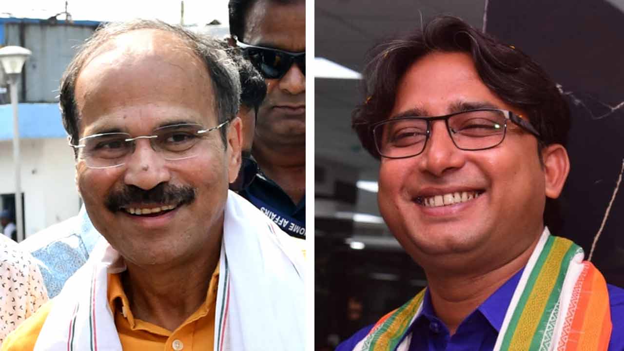 (বাঁ দিকে) কংগ্রেস নেতা অধীররঞ্জন চৌধুরী। সাগরদিঘির তৃণমূল প্রার্থী বাইরন বিশ্বাস (ডান দিকে)।