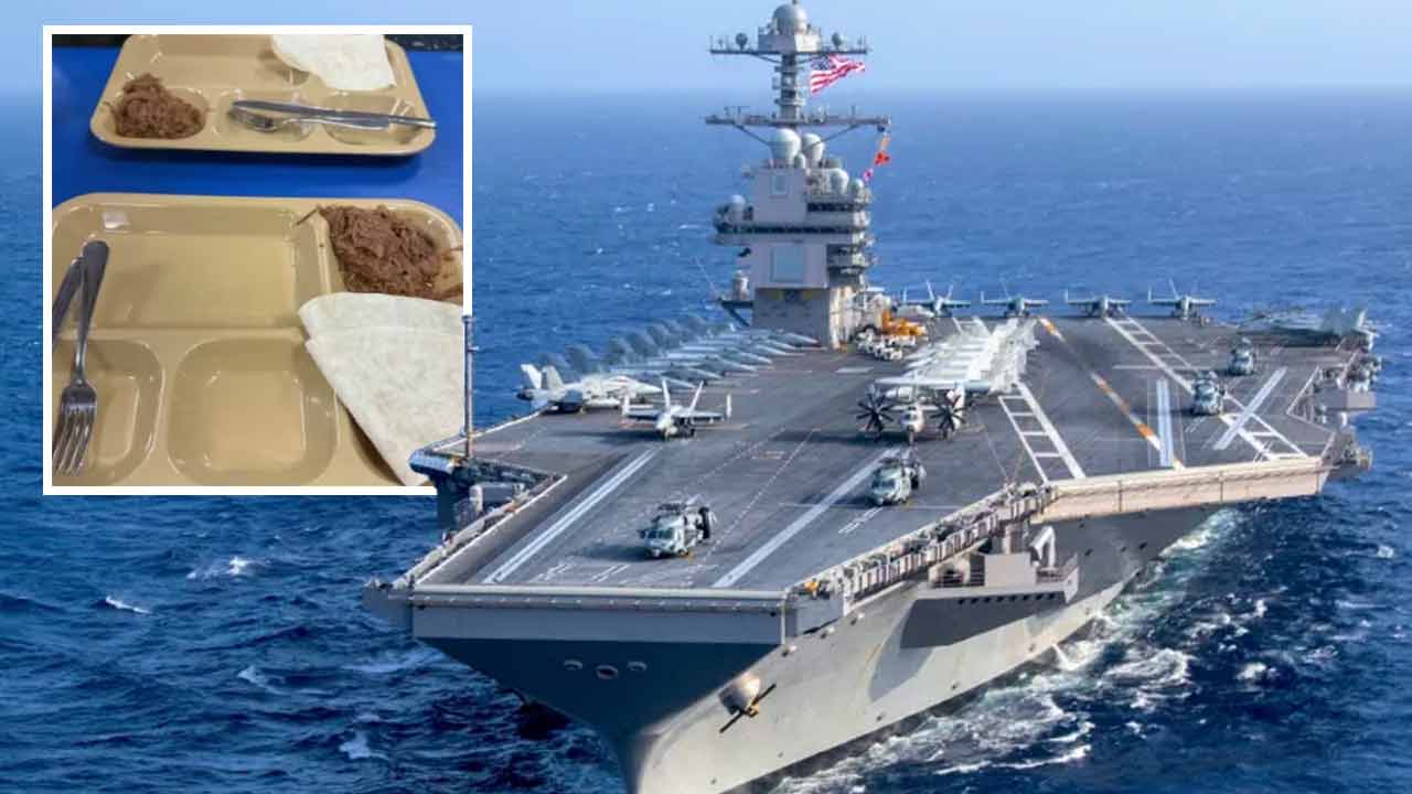 আমেরিকার যুদ্ধজাহাজ। (ইনসেটে) খাওয়ার প্লেটের সেই ছবি।