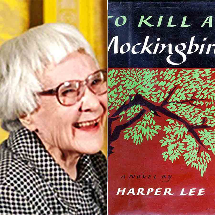 সাহিত্যস্রষ্টা: হার্পার লি এবং তাঁর লেখা ‘টু কিল আ মকিংবার্ড’ বইয়ের প্রচ্ছদ।