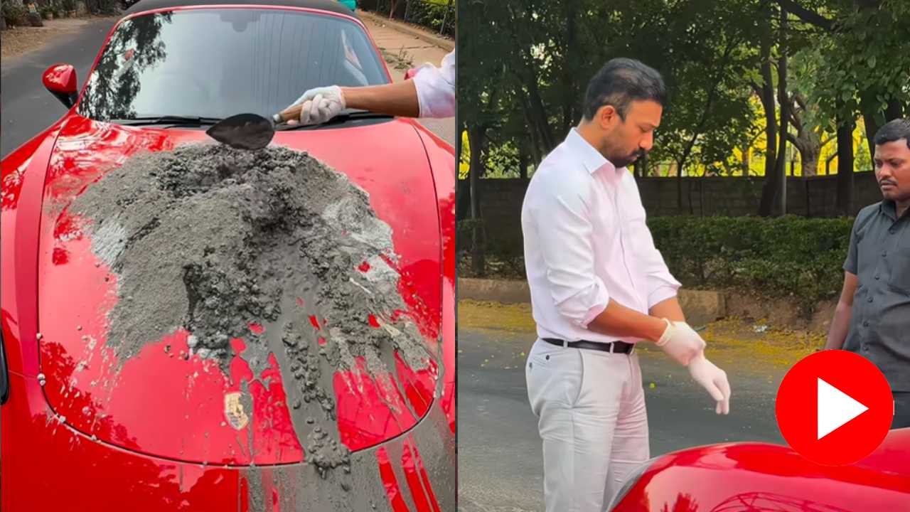 Video shows entrepreneur mixes cement on Porsche bonnet to fix pothole in Bengaluru, internet reacts