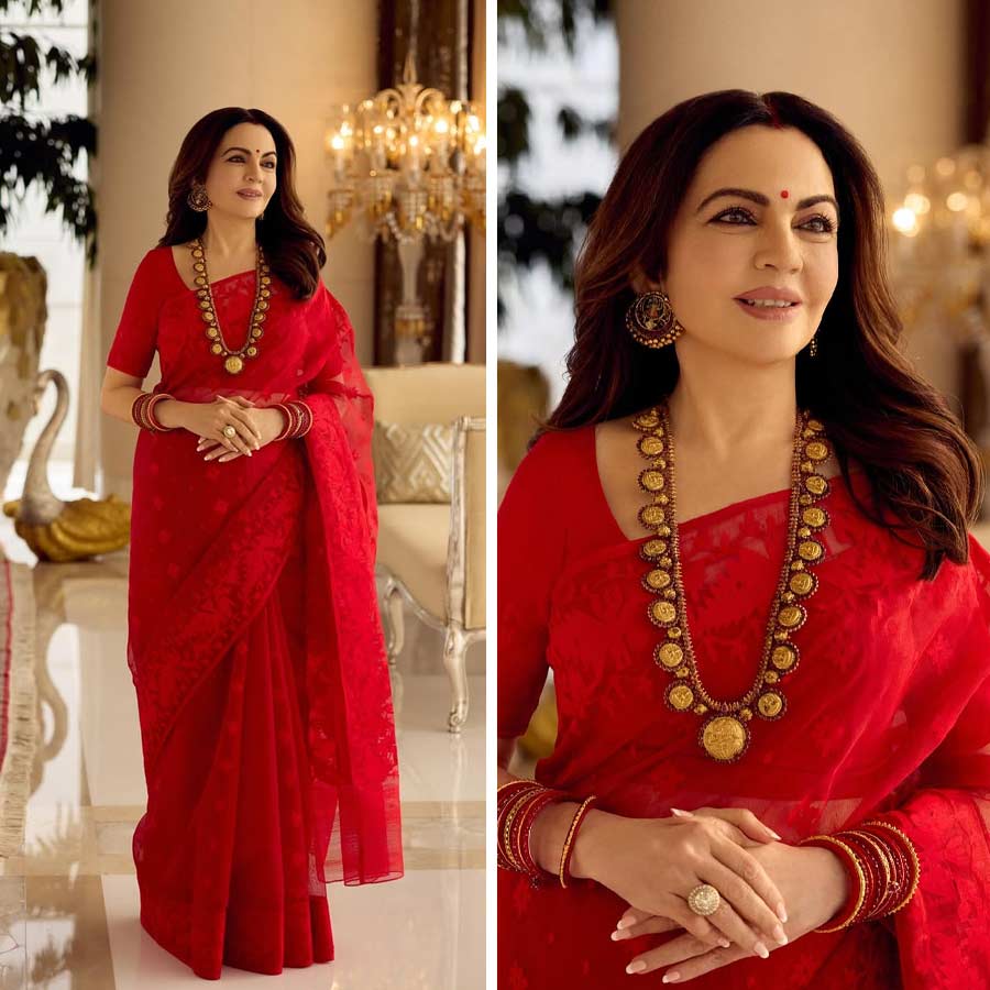 Nita Ambani Radiates Timeless Elegance In Red Dhakai Jamdani Saree