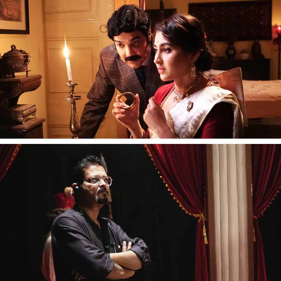 (উপরে) ‘সাজঘর’ ছবির একটি দৃশ্যে প্রসেনজিৎ এবং ঐন্দ্রিলা। পরিচালক অঞ্জন কাঞ্জিলাল (নীচে)।