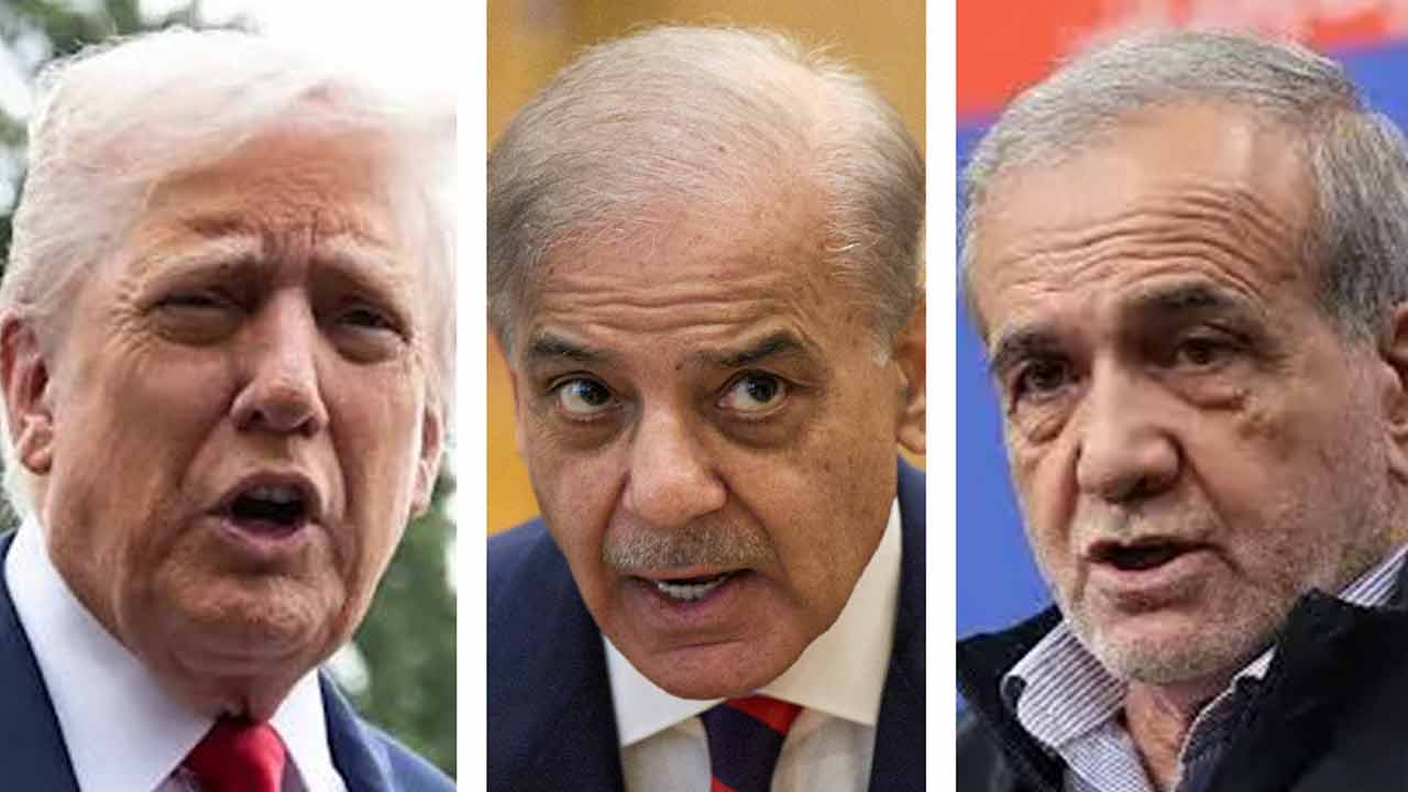 (বাঁ দিকে) মার্কিন প্রেসিডেন্ট ডোনাল্ড ট্রাম্প, পাকিস্তানের প্রধানমন্ত্রী শাহবাজ় শরিফ এবং ইরানের প্রেসিডেন্ট মাসুদ পেজ়েশকিয়ান।