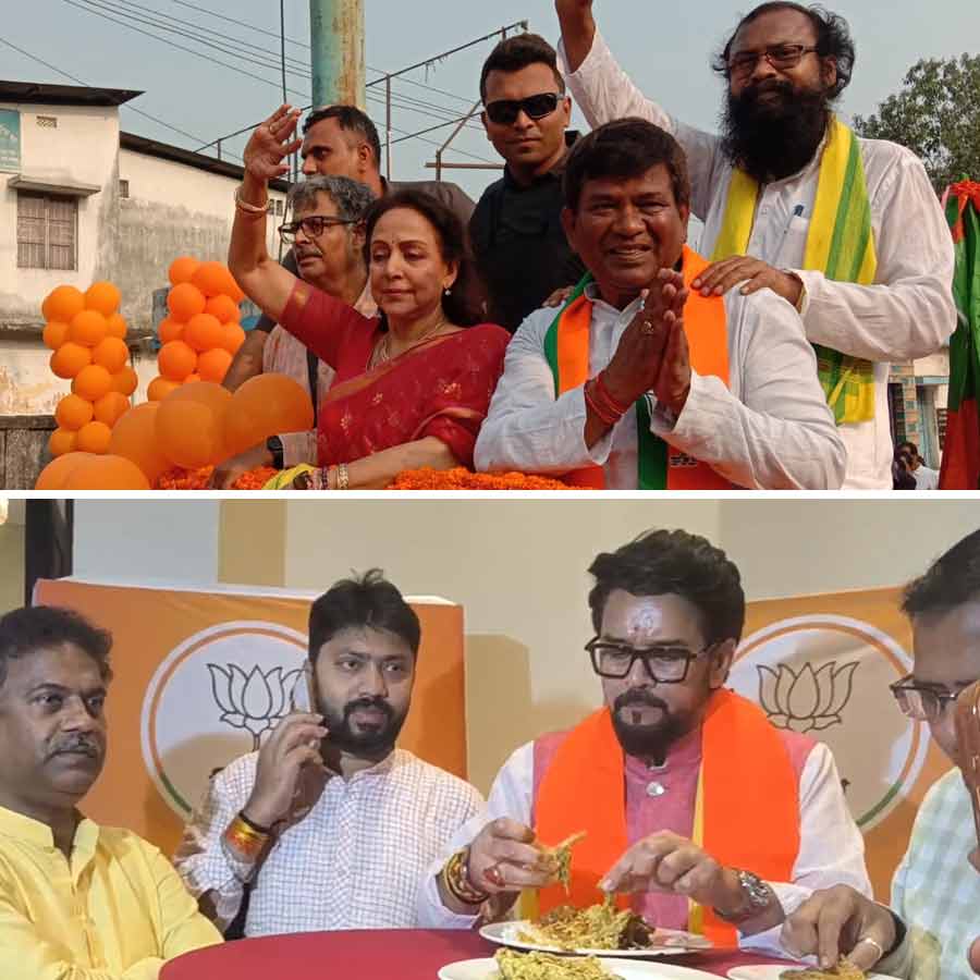 (বাঁ দিকে) কোচবিহারে রোড শো হেমা মালিনীর। মাছ-ভাত খাচ্ছেন অনুরাগ ঠাকুর (ডান দিকে)।
