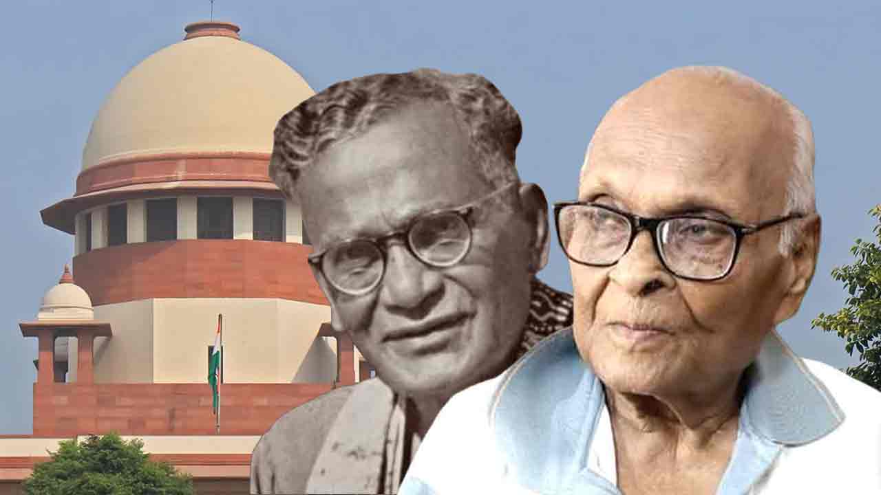 (বাঁ দিকে) নন্দলাল বসু এবং তাঁর নাতি সুপ্রবুদ্ধ সেন (ডান দিকে)।