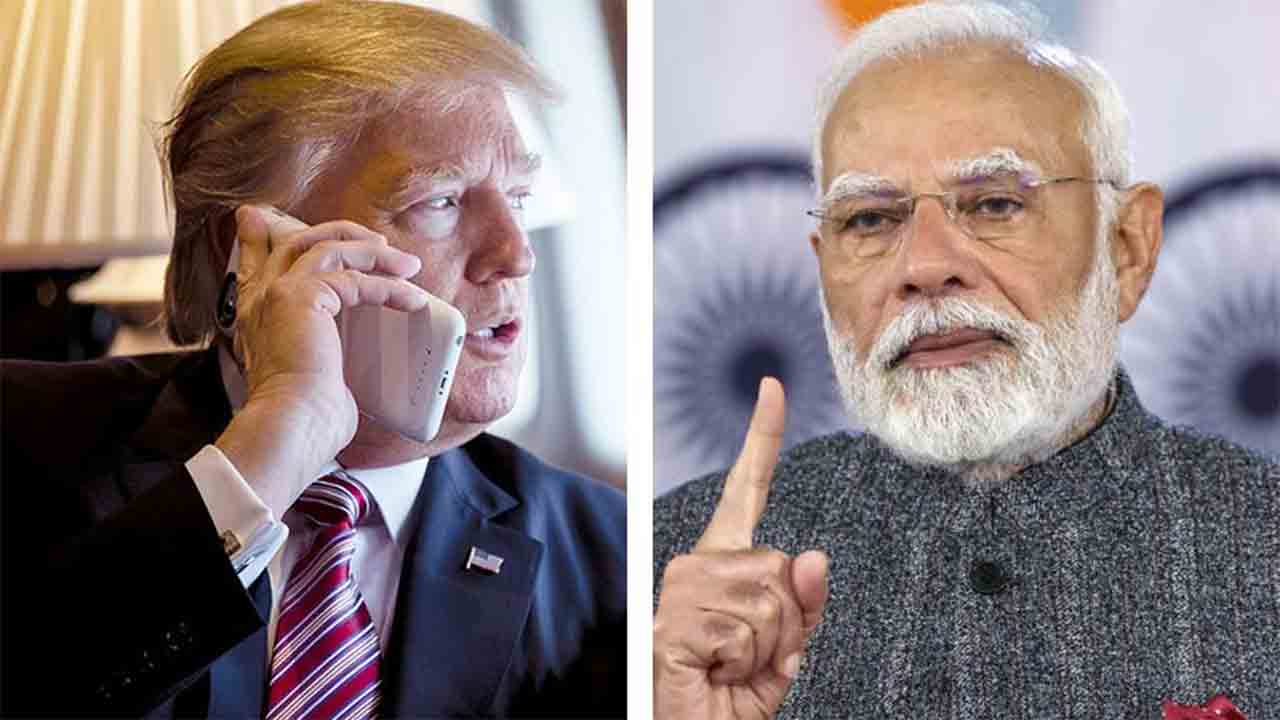 (বাঁ দিকে) ডোনাল্ড ট্রাম্প, নরেন্দ্র মোদী (ডান দিকে)।
