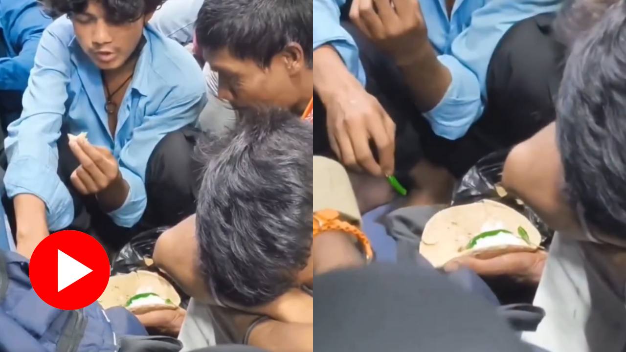 Video shows group of people sitting on a train floor eat only bread, salt and chilli