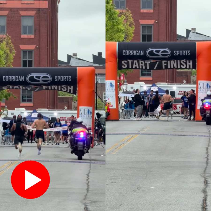 Video shows man started celebrating winning even before reaching finish line in a marathon, then the scene changes withing seconds