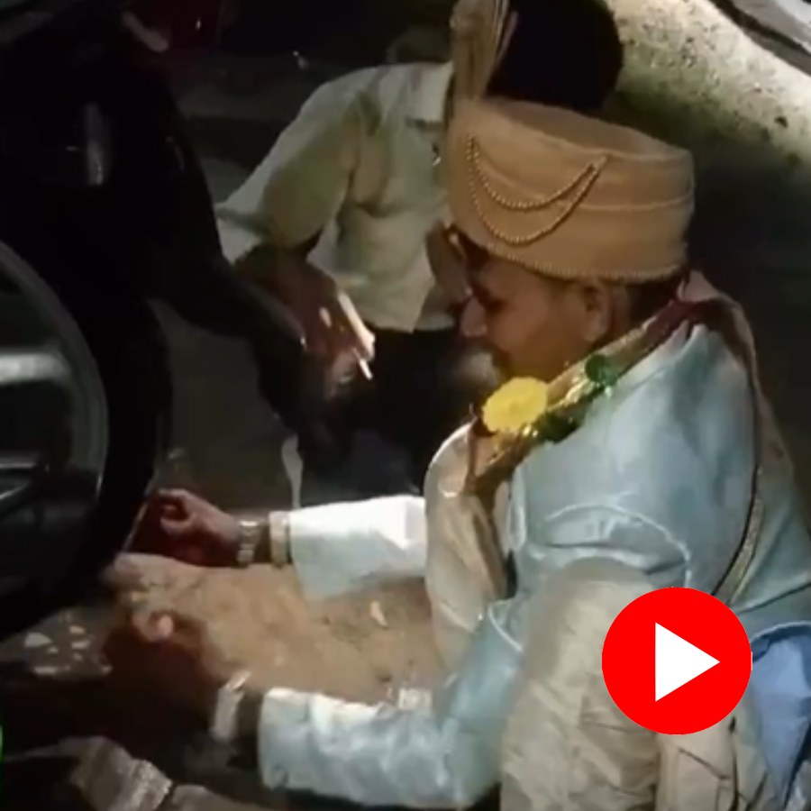 Video shows groom left wedding procession and start repairing puncture