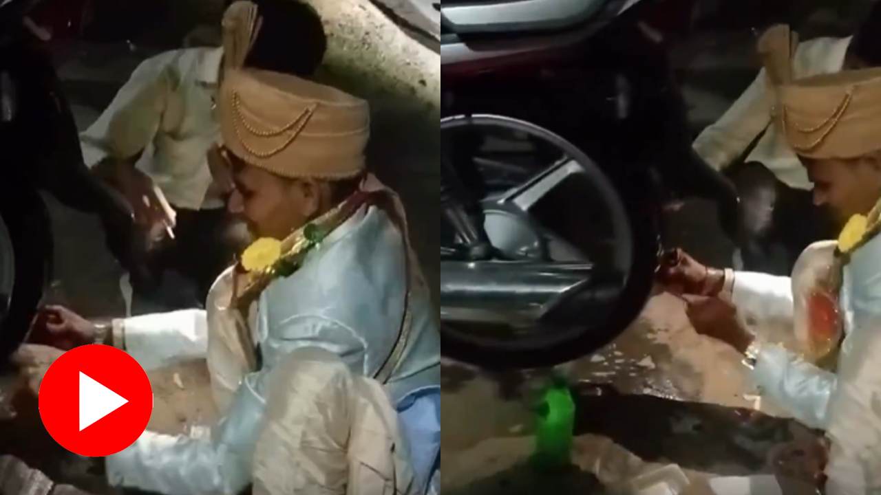 Video shows groom left wedding procession and start repairing puncture