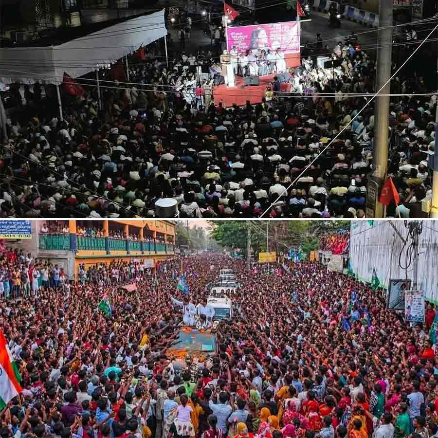 (উপরে) উত্তর দমদমের সিপিএম প্রার্থী দীপ্সিতা ধরের সমর্থনে মধ্যরাতের সভা। বিরাটিতে।