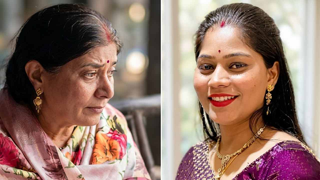 (বাঁ দিকে) রাজার মা উমা রঘুবংশী। রাজার স্ত্রী অভিযুক্ত সোনম রঘুবংশী (ডান দিকে)। ছবি: সংগৃহীত।