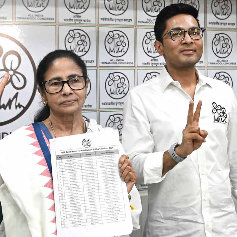 ২০২৬ সালের নির্বাচনে তৃণমূলের প্রার্থিতালিকা ঘোষণার সময়ে মমতা বন্দ্যোপাধ্য়ায় এবং অভিষেক বন্দ্যোপাধ্যায়।
