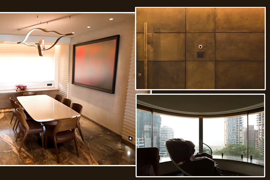 খাওয়ার ঘর (বাঁ দিক), বাইরের দরজা (ডান দিকে উপরে), ঘর থেকে সমুদ্রের দৃশ্য (ডান দিকে নীচে)