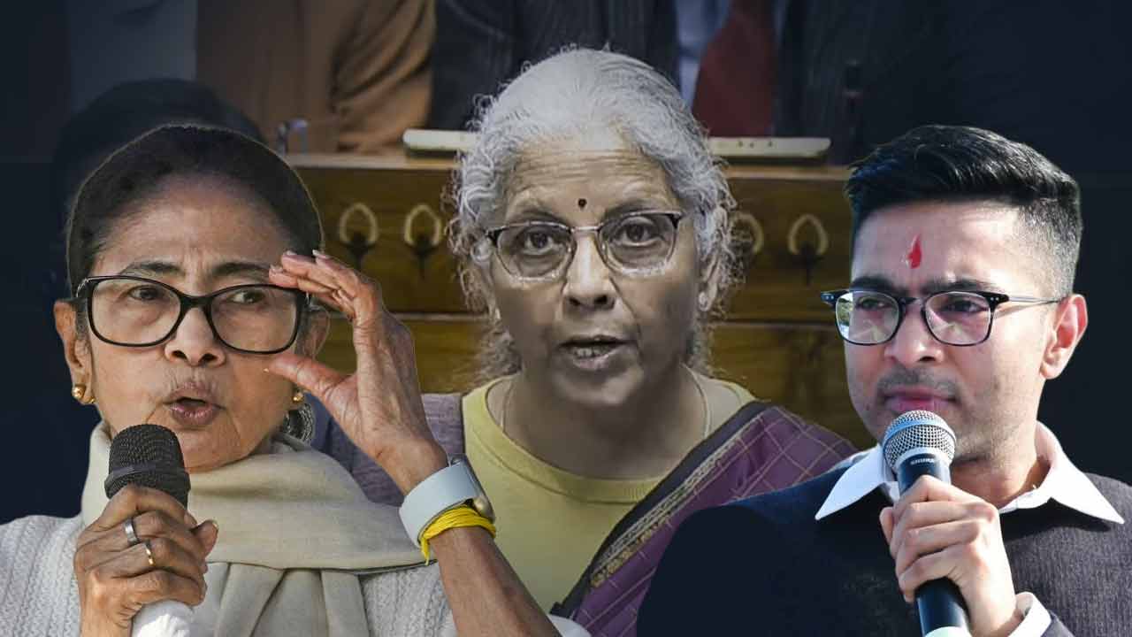 (বাঁ দিক থেকে) মমতা বন্দ্যোপাধ্যায়, নির্মলা সীতারমণ এবং অভিষেক বন্দ্যোপাধ্যায়।