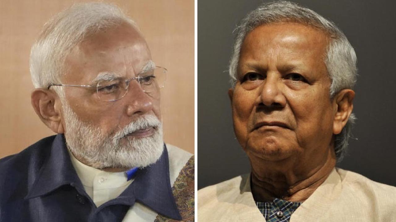 (বাঁ দিকে) ভারতের প্রধানমন্ত্রী নরেন্দ্র মোদী। বাংলাদেশের অন্তর্বর্তী সরকারের প্রধান উপদেষ্টা মুহাম্মদ ইউনূস (ডান দিকে)।