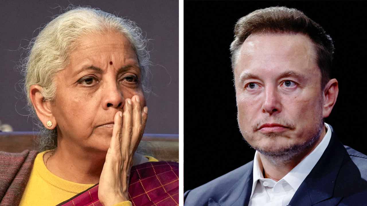 (বাঁ দিকে) নির্মলা সীতারমণ। ইলন মাস্ক (ডান দিকে)।