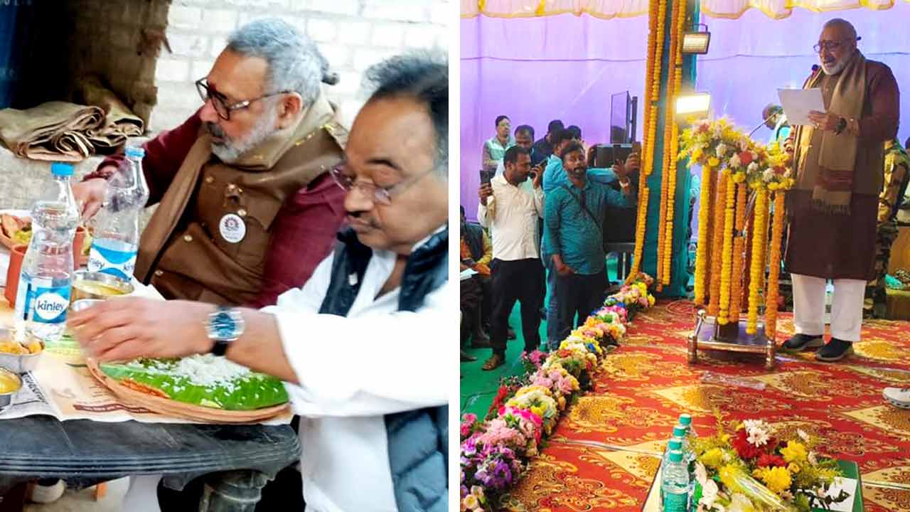 (বাঁ দিকে) তাঁতি পরিবারের বাড়িতে মধ্যাহ্নভোজে কেন্দ্রীয় বস্ত্রমন্ত্রী গিরিরাজ সিংহ, রয়েছেন শমীক ভট্টাচার্যও। মঞ্চে গিরিরাজ (ডান দিকে)।